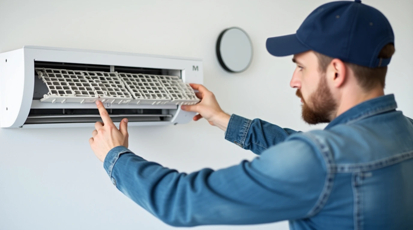 یک مرد در حال سرویس کولر گازی