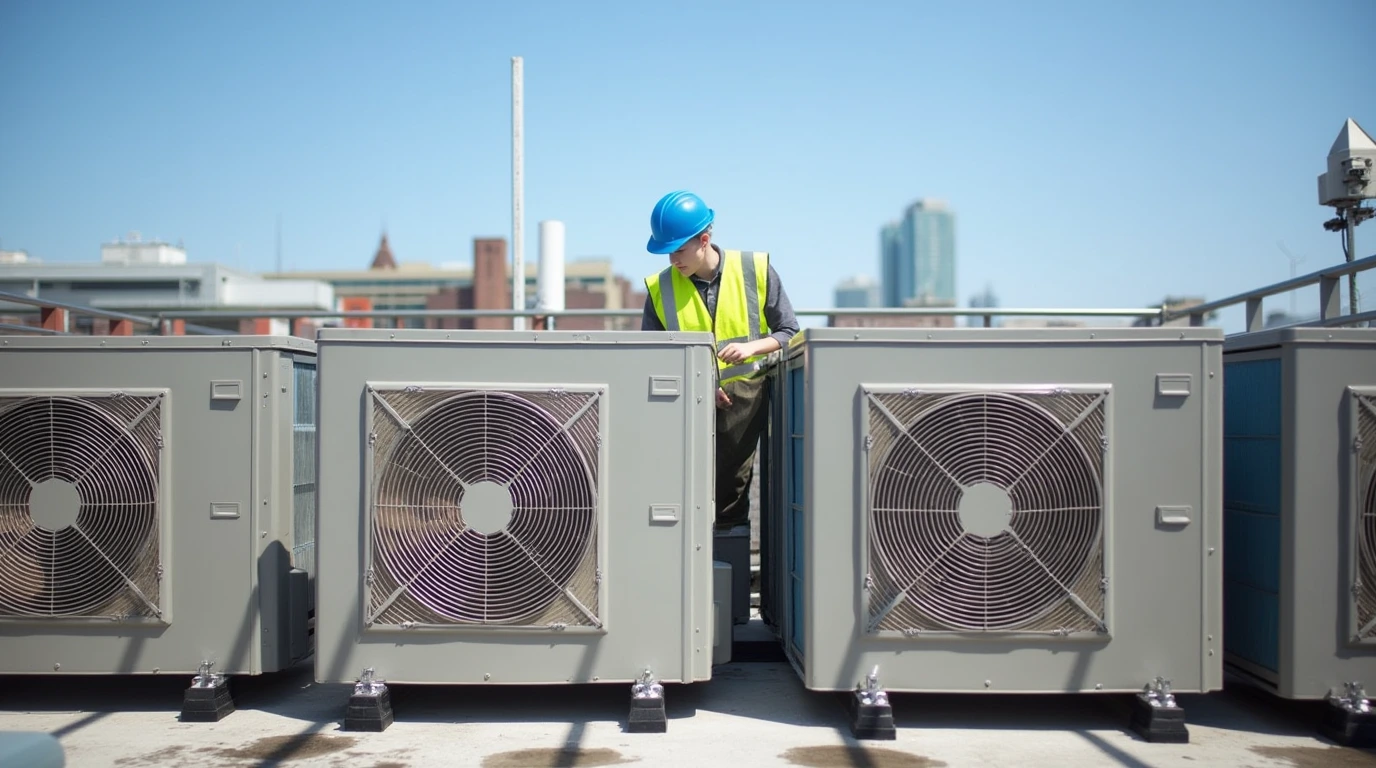 یک مرد در حال سرویس کمپرسور کولر گازی