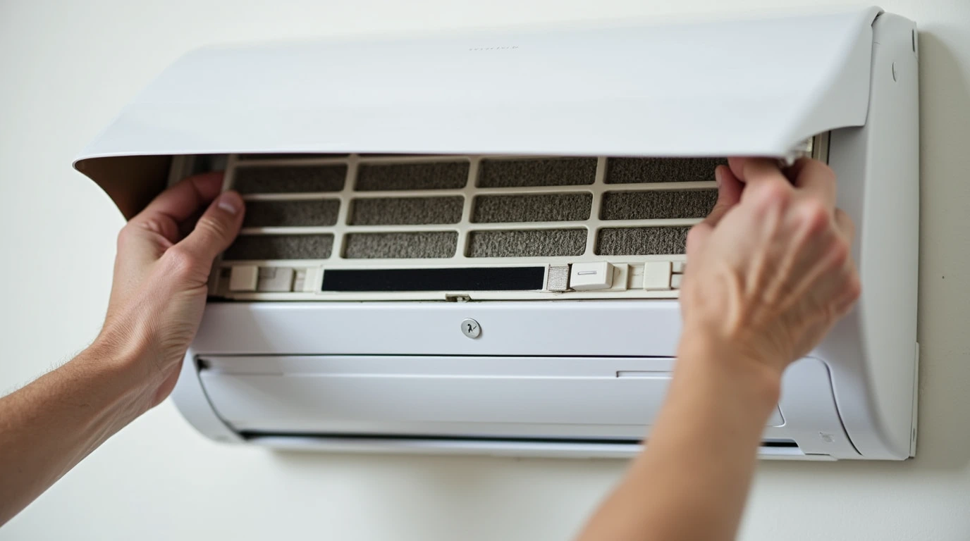 فردی در حال عوض کردن فیلتر کولر گازی