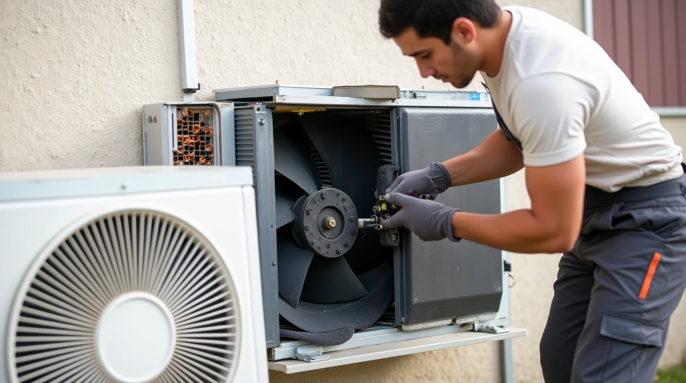 مردی در حال تعمیر کمپرسور کولر گازی