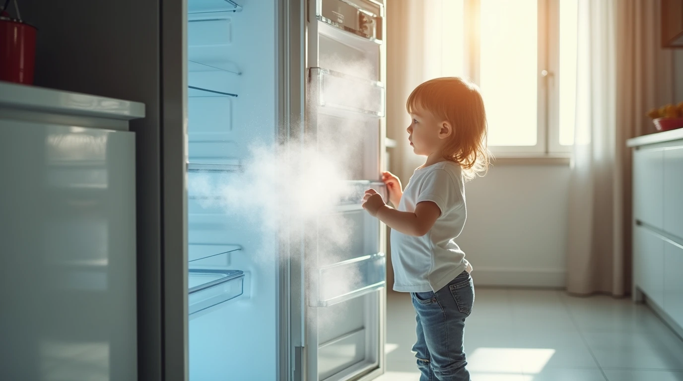 کودکی در حال باز و بسته کردن در یخچال