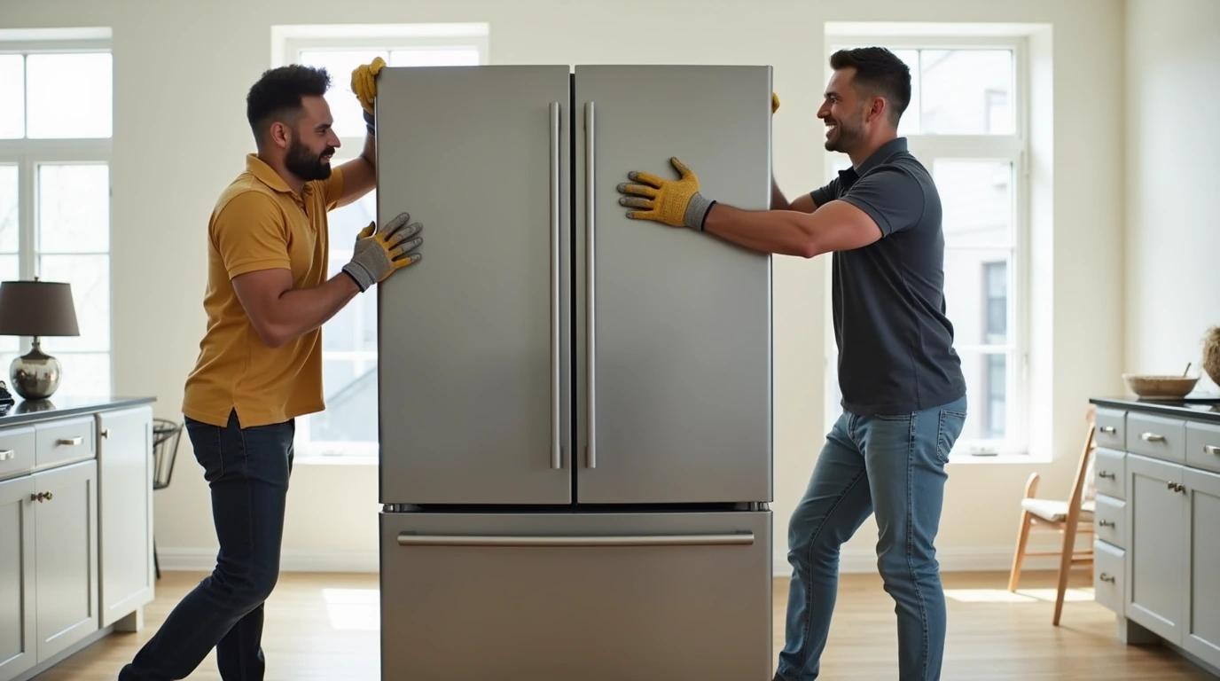 دو مرد در حال جا به جایی یخچال