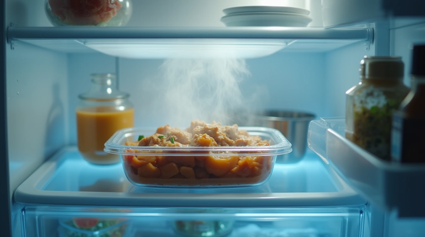 یک ظرف غذای داغ در یخچال