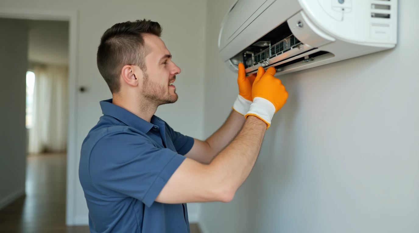 مردی در حال تعمیر کولر گازی