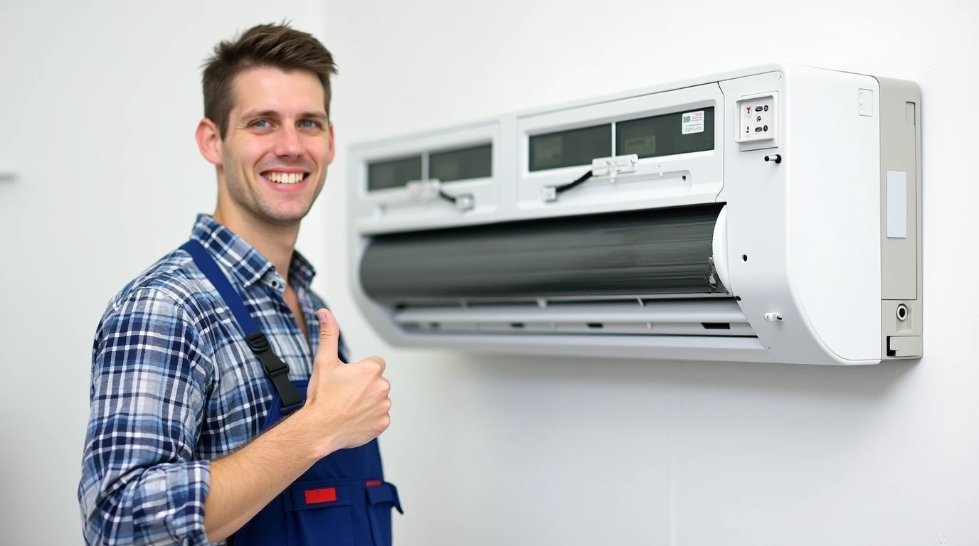 مردی خوشحال در حال نصب کولر گازی