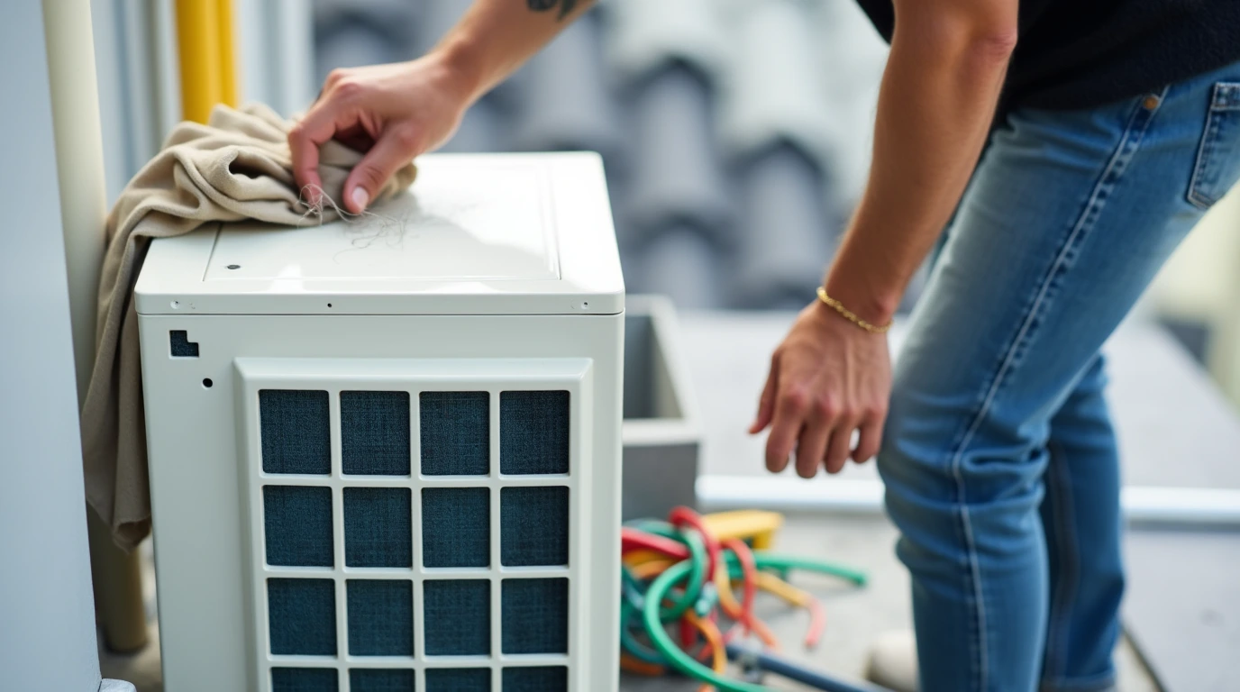 مردی در حال یونیت خارجی کولر گازی