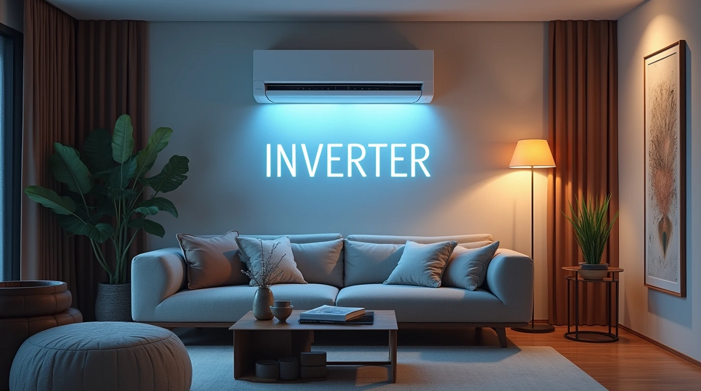 یک کولر گازی در یک فضای جذاب و زیبا که کلمه اینورتر پایین ان نوشته شده 