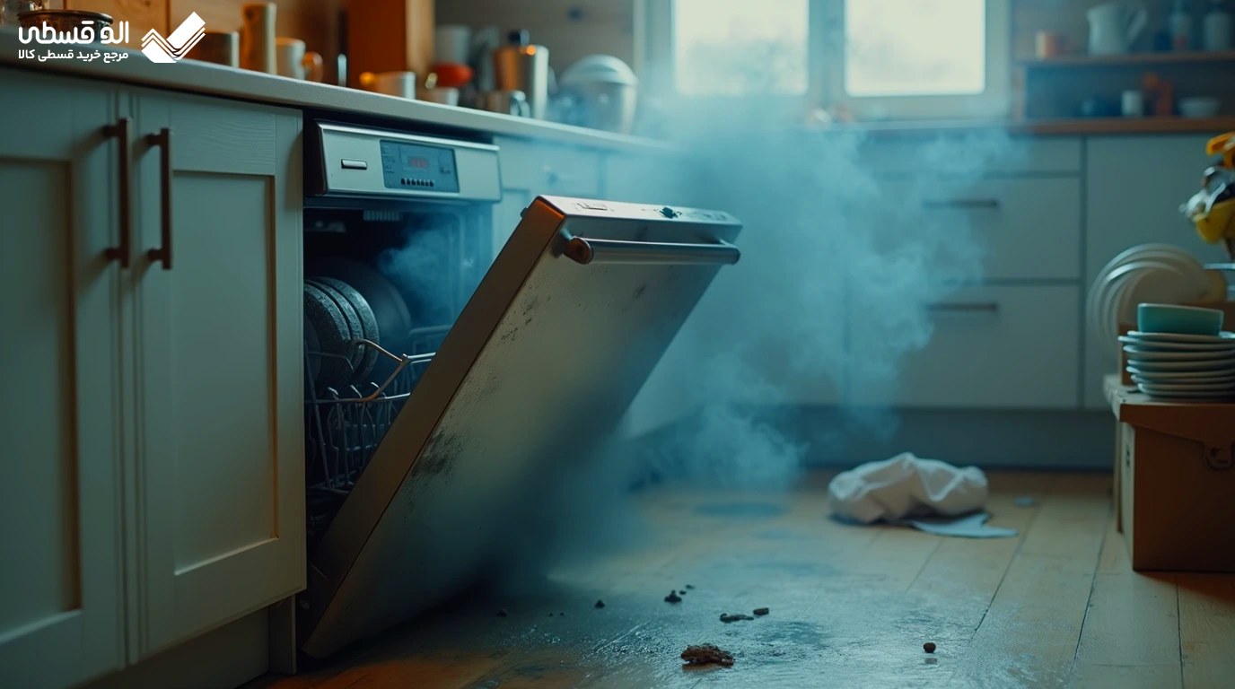 یک ماشین ظرفشویی که از آن دود بلند میشود و خراب شده است