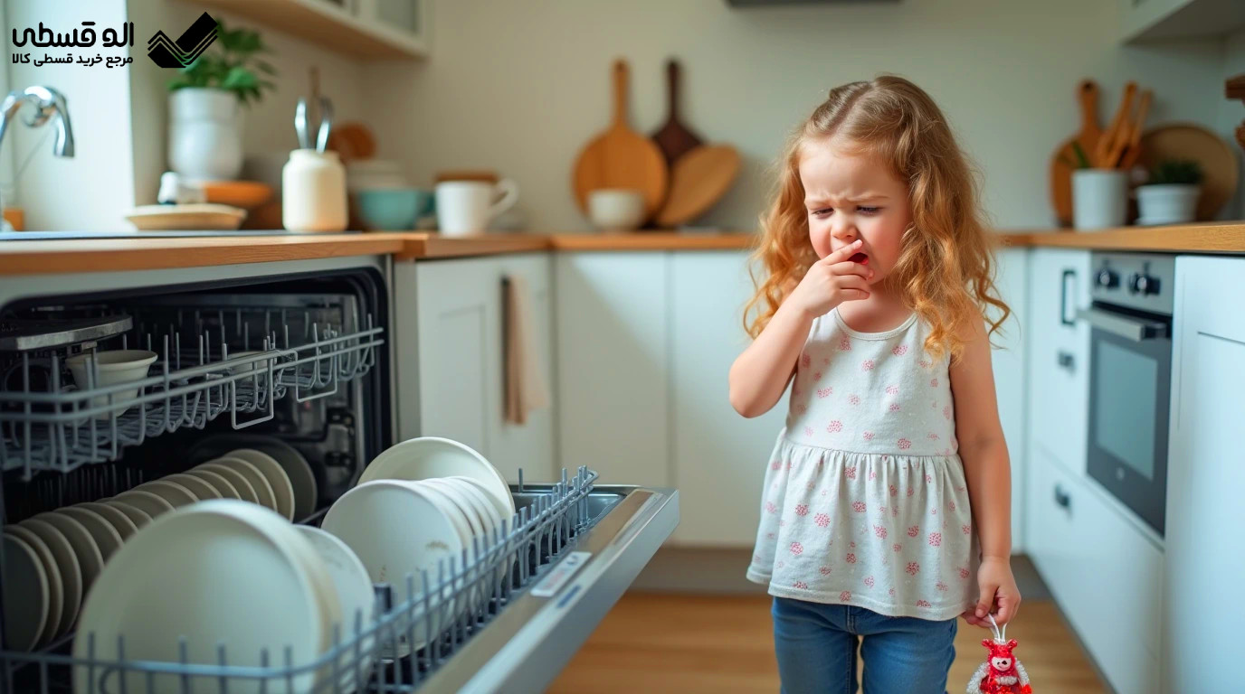 دختر بچه ای که به خاطر بوی بد ماشین ظرفشویی دماغش را گرفته است