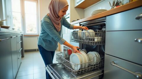 تصویر زنی که در حال گذاشتن ظرف های کثیف در ماشین ظرفشویی است