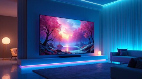تلویزیون 65 اینچ با نمایی جذاب و ترکیبی از نورهای آبی و بنفش