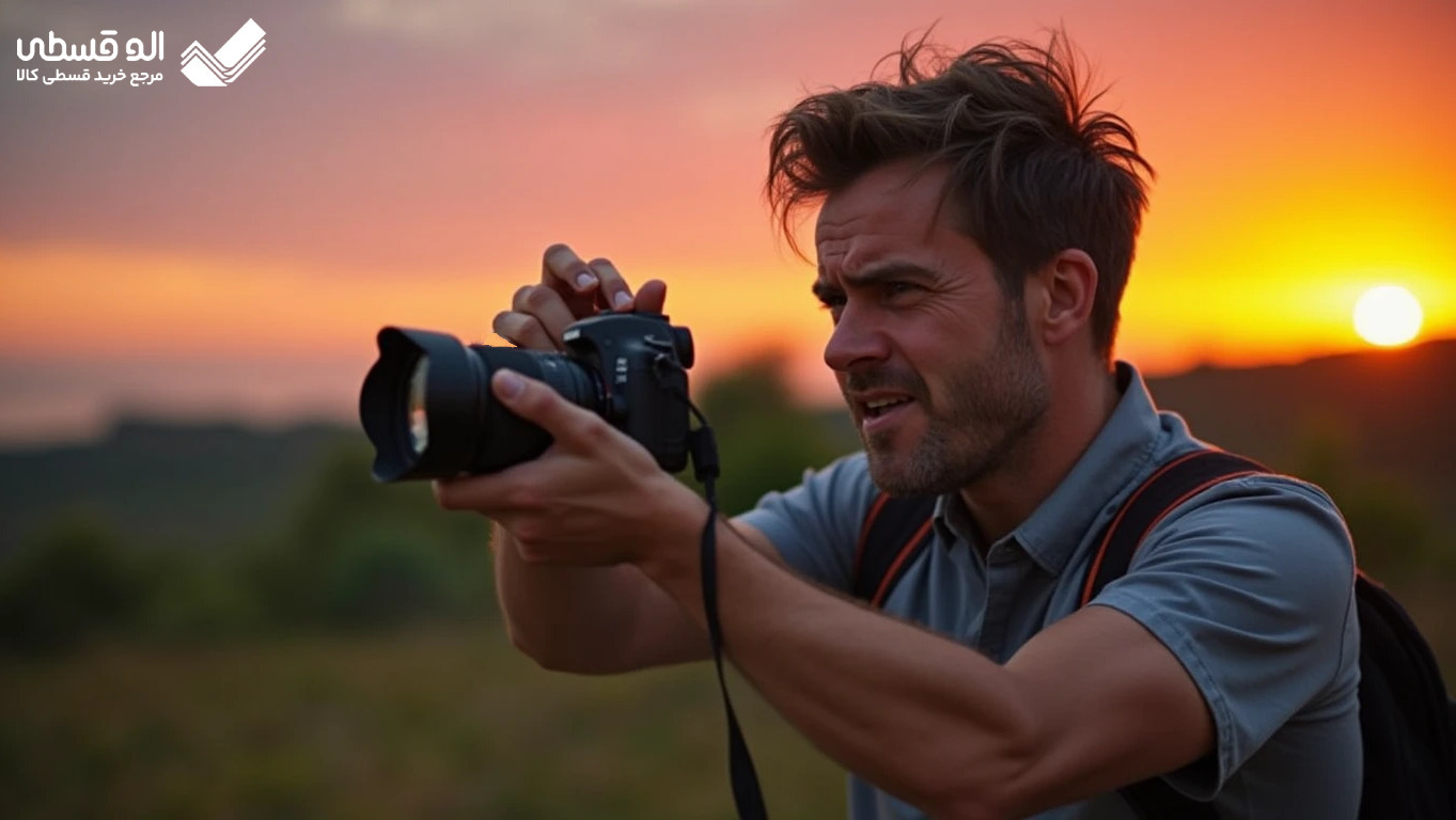 مردی در حال عکاسی اط طبیعت در یک غروب دل انگیز