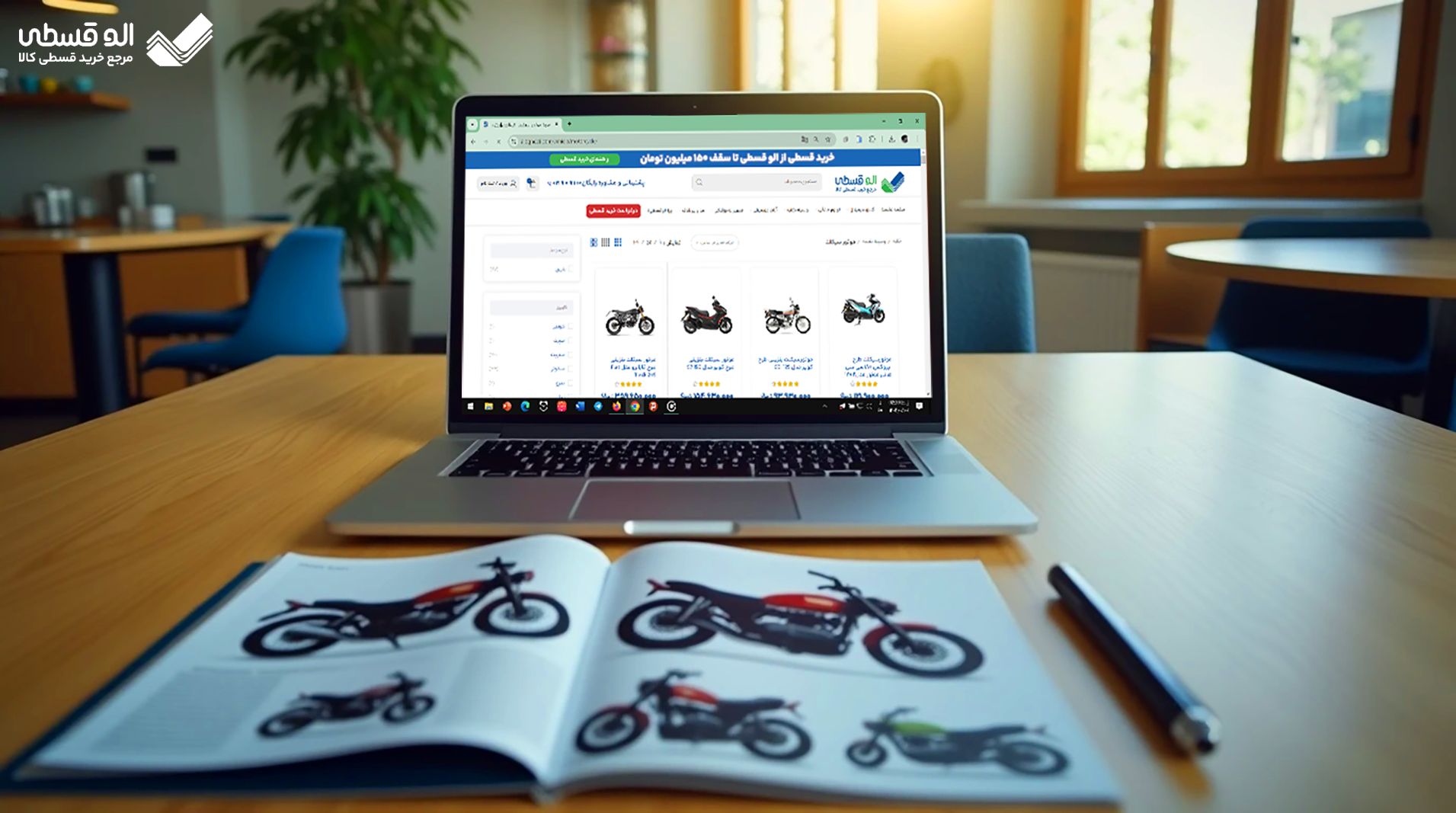 تصویر یک لپتاپ روشن که سایت الوقسطی، قسمت موتور سیکلت را نشان میدهد