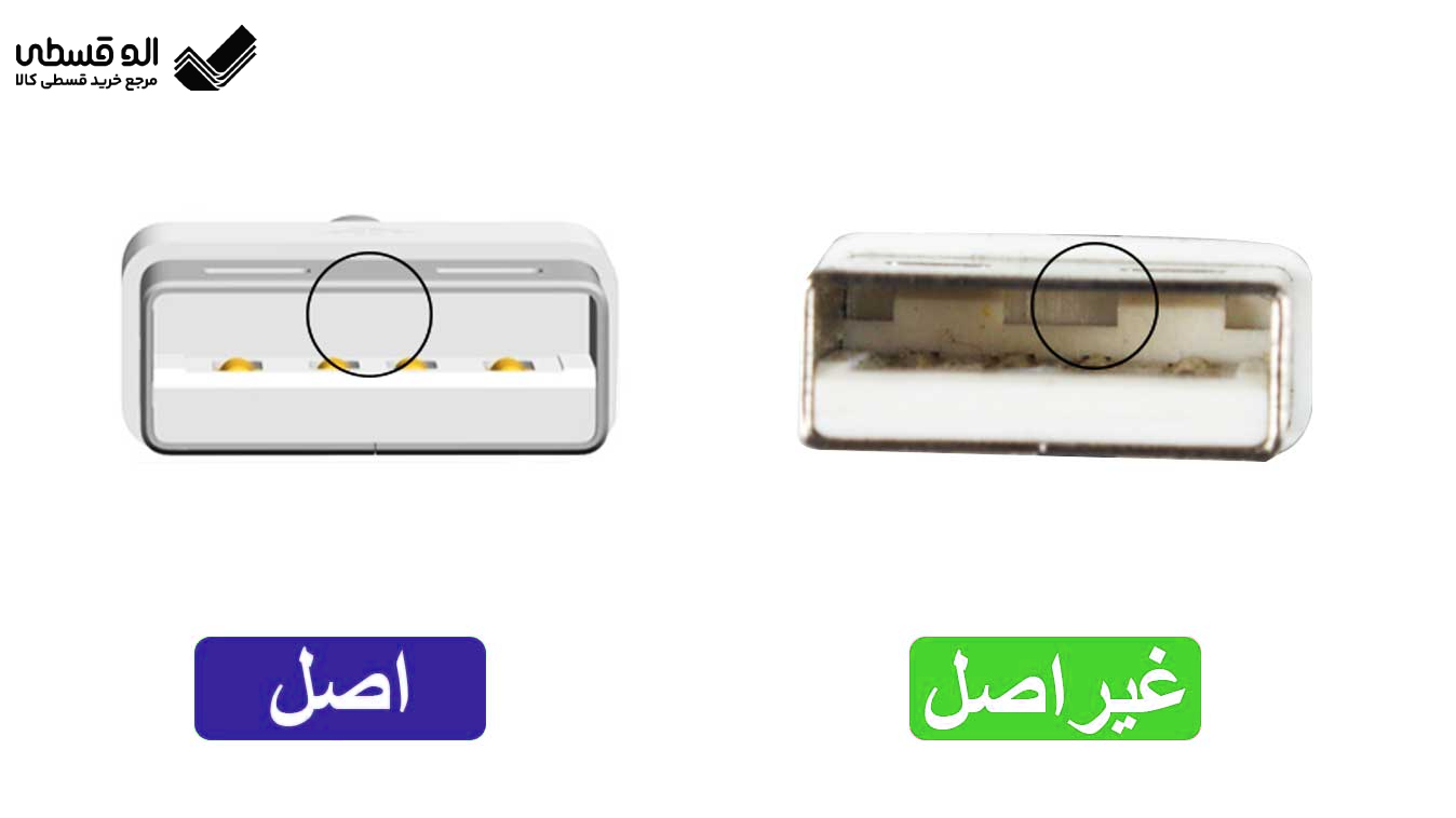 شکل عایق پشتی نگهدارنده USB در شارژر اصلی آیفون یکنواخت و مسطح است اما در شارژرهای فیک دارای فرورفتگی و بریدگی است.