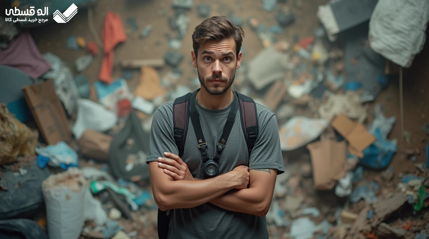 مردی که در یک پس زمینه شلوغ مشغول عکاسی است