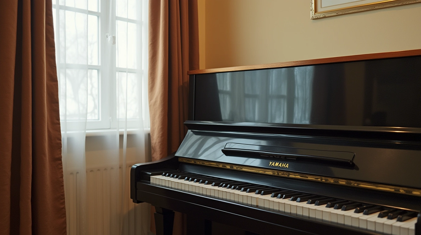 پیانو آکوستیک کنار پنجره داخل یک اتاق