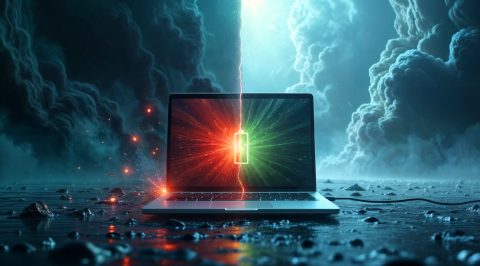 یک لپ تاپ در یک فضای سورئال در حال شارژ