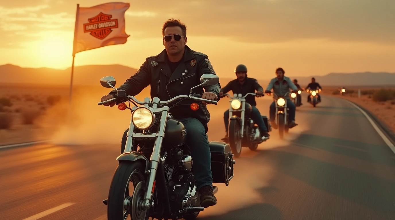 هارلی سواران در جاده و پرچم برند هارلی دیویدسون