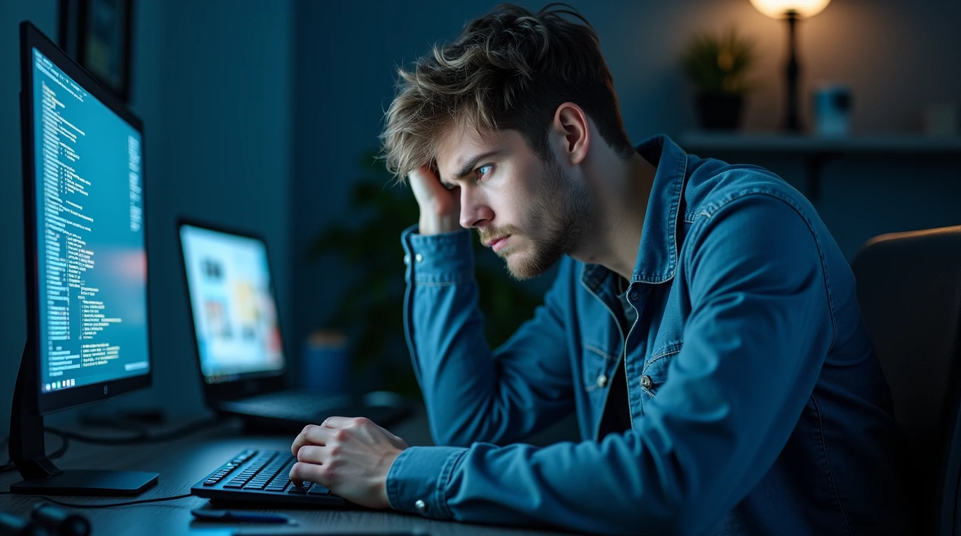 مردی کلافه که نمیتواند اطلاعات سخت افزاری کامپیوتر را تشخیص دهد