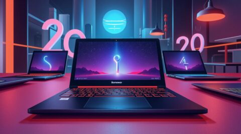 تصویری از لپ تاپ های لنوو در یک فضا با نورپردازی جذاب