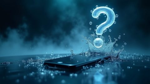 تصویری از یک گوشی که ضد اب بودنش مشخص نیست. یک علامت سوال هم بالای گوشی است