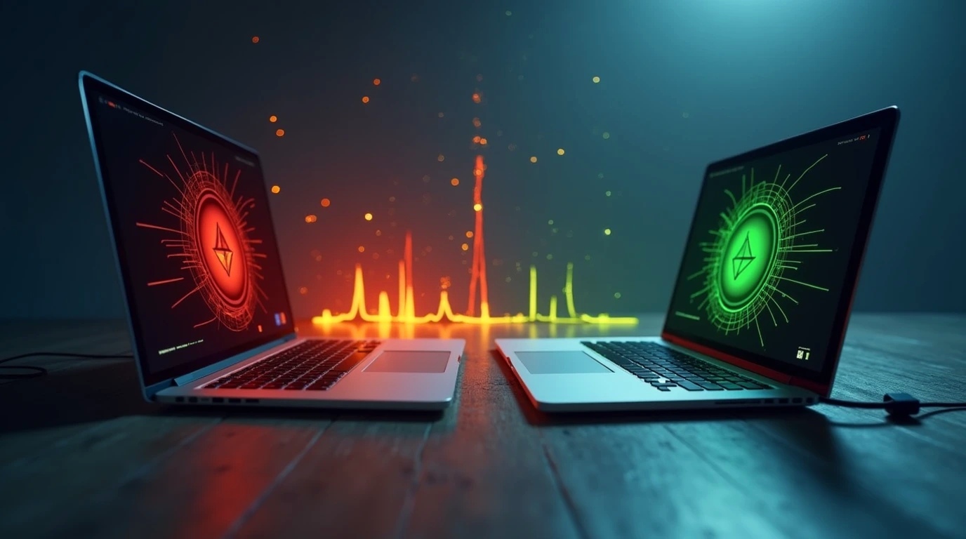 دو لپ تاپ که یکی به برق وصل است و دیگری وصل نیست 