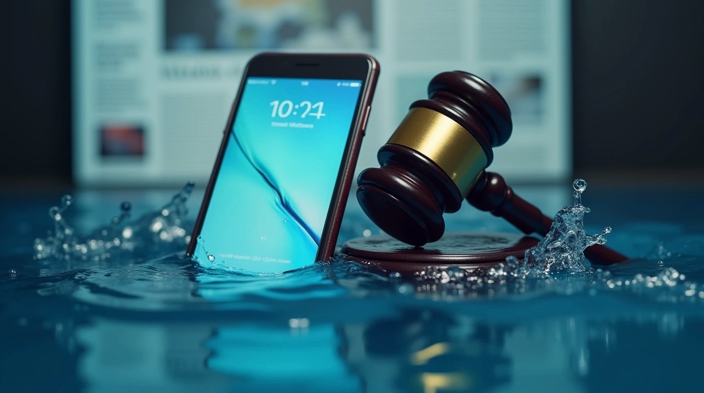 یک گوشی ضد اب در حالت سورئالی که در یک دادگاه است