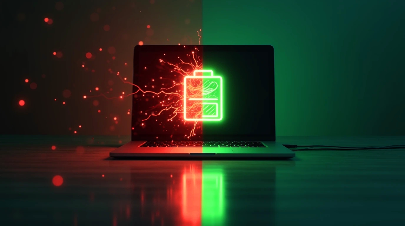 یک لپ تاپ که به دو قسمت تقسیم شده و نیمی از ان نماد شارژ سبز و در نیم دیگر نماد شارژ قرمز است