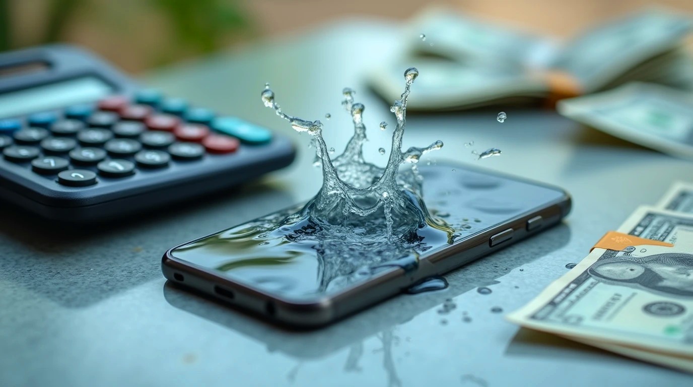 تصویری سورئالی از یک گوشی ضد اب در کنار ماشین حساب و اسکناس
