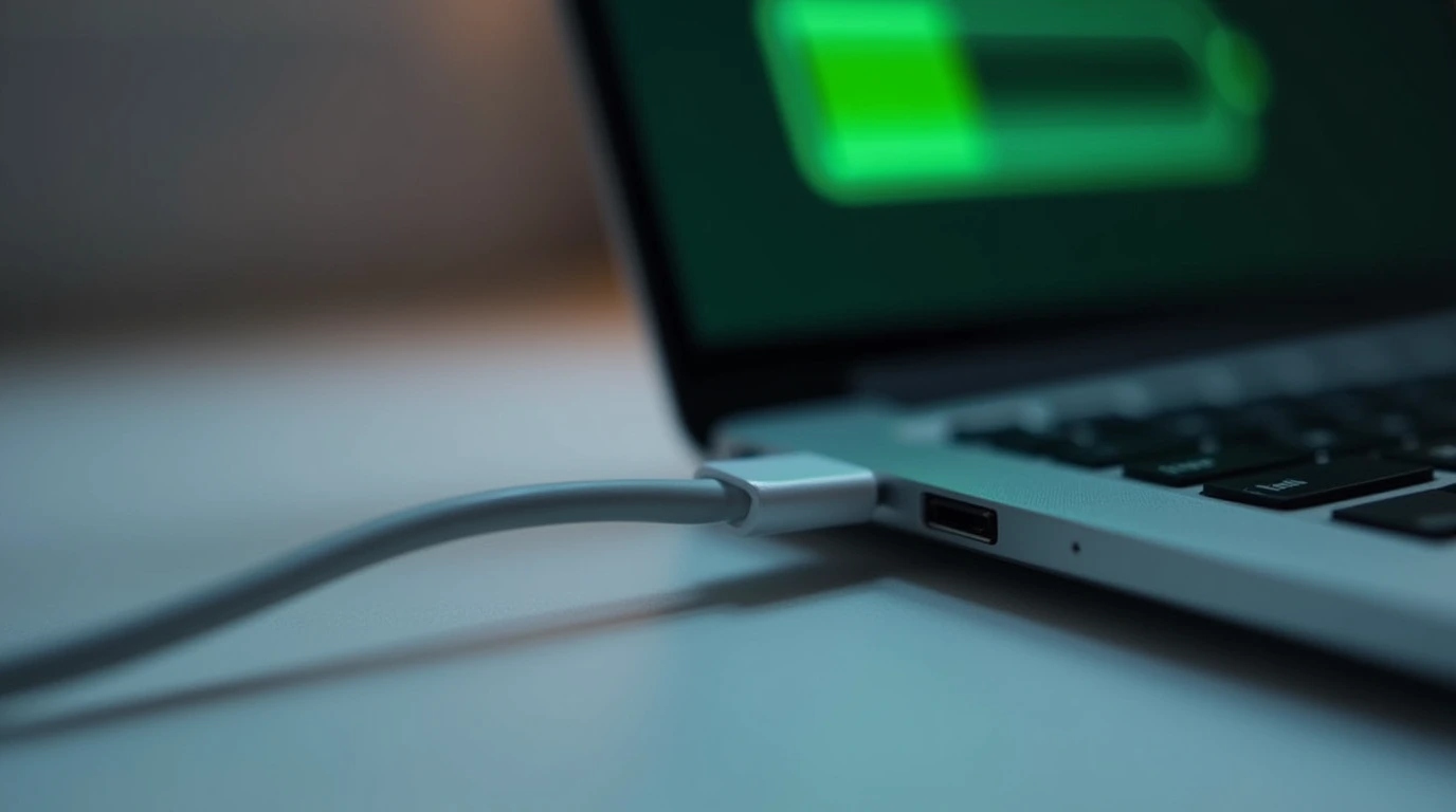 لپ تاپی که به شارژ وصل است از نمای کلوزآپ