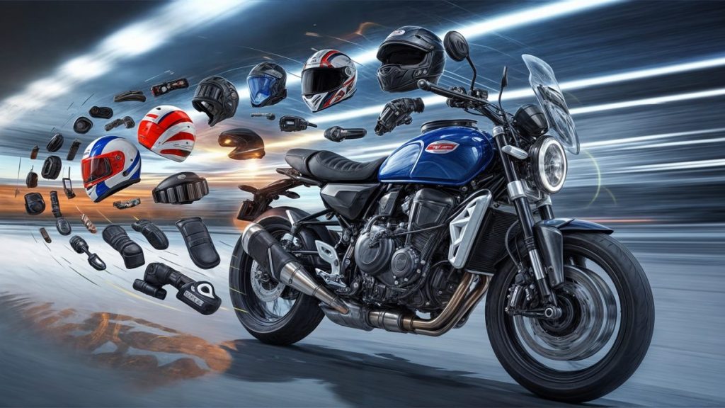 لوازم جانبی موتورسیکلت که به شکل گردباد دور یک موتور میچرخند