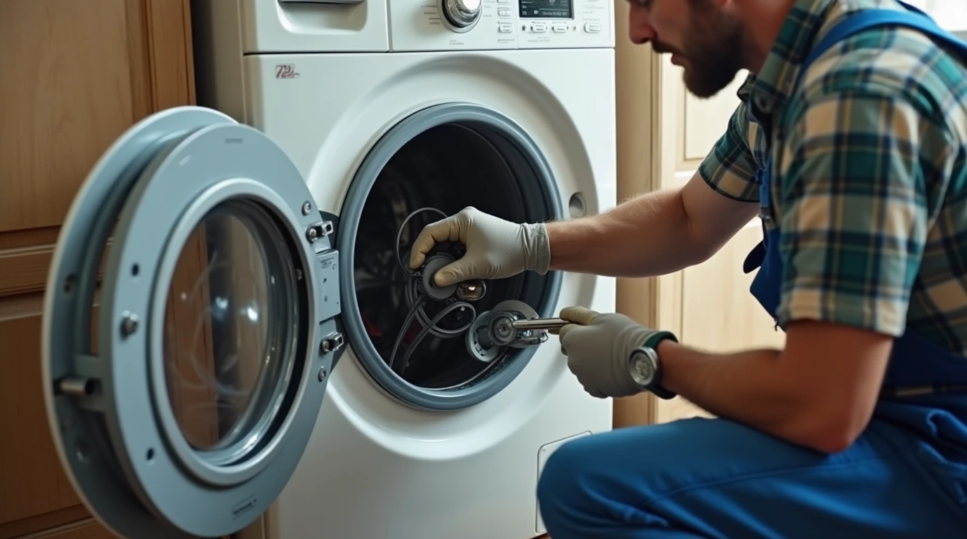 یک تعمیر کار در حال تعمیر ماشین لباسشویی