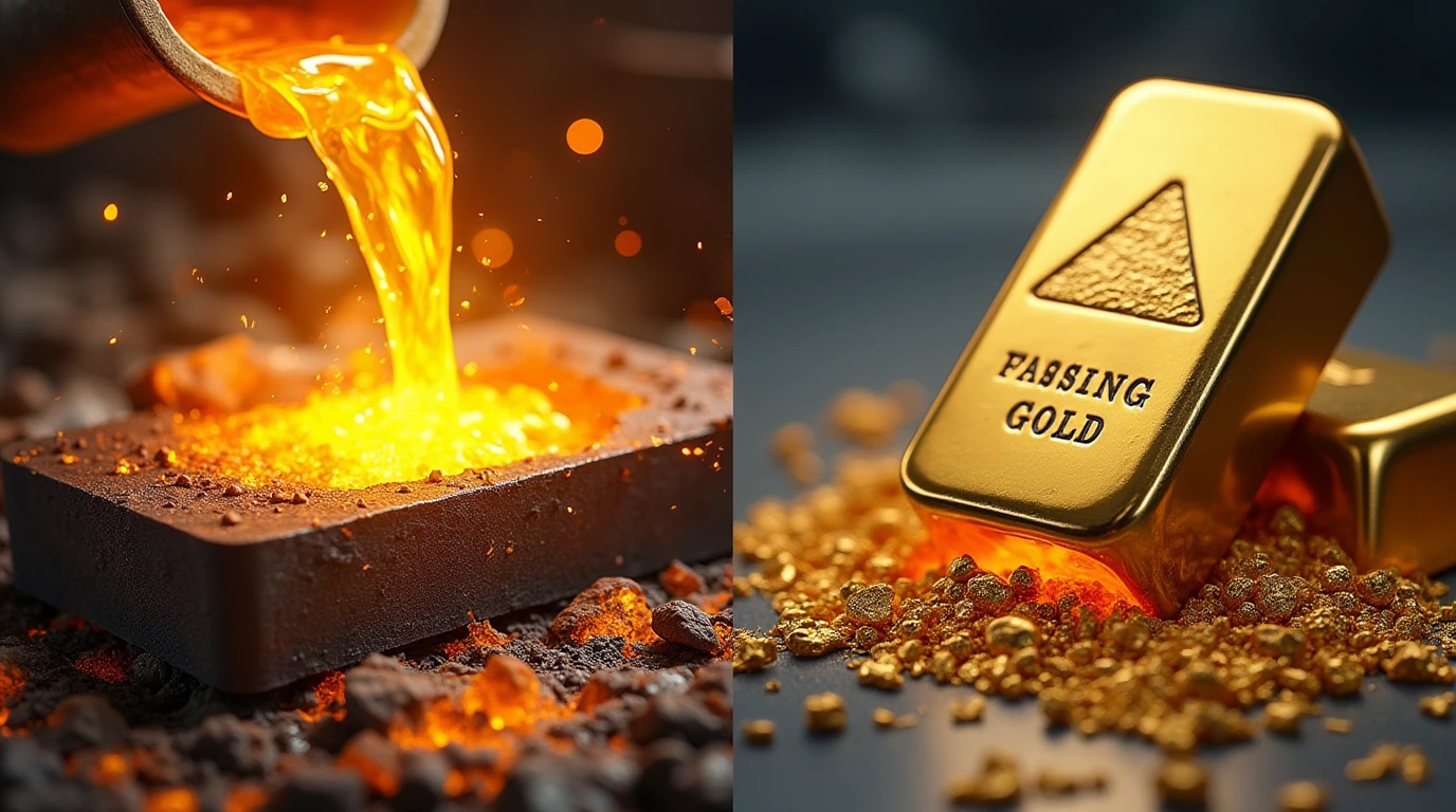 یک شمش طلا و طلای اب شده در تصویر