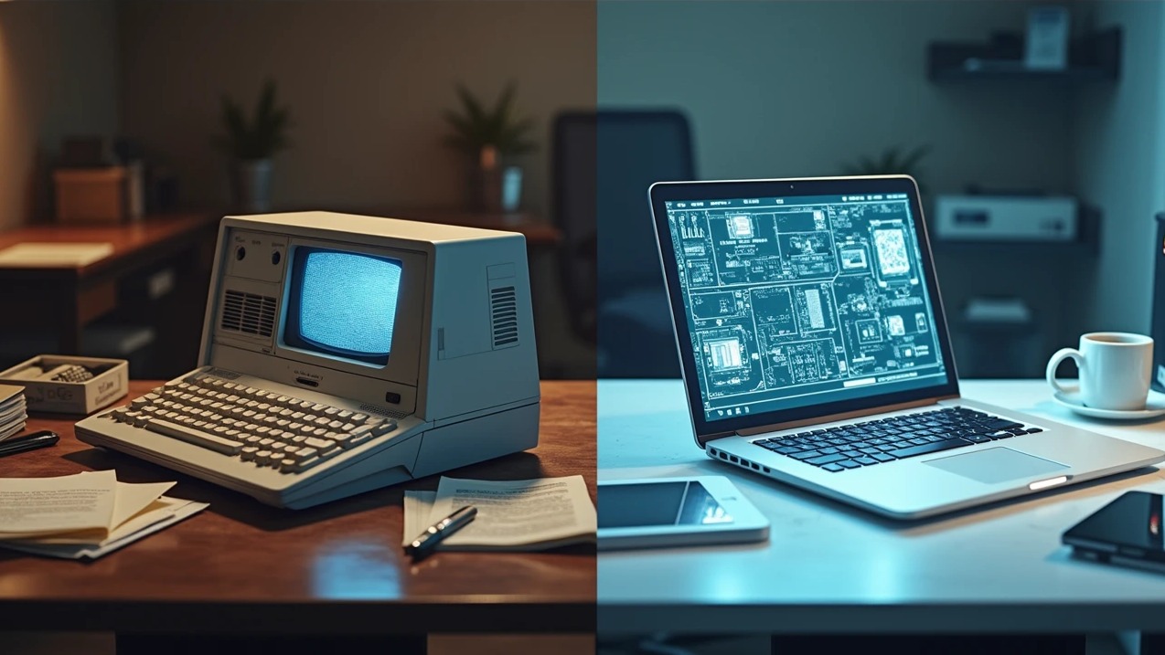 یک لپ تاپ جدید و یک لپ تاپ قدیمی در تصویر است