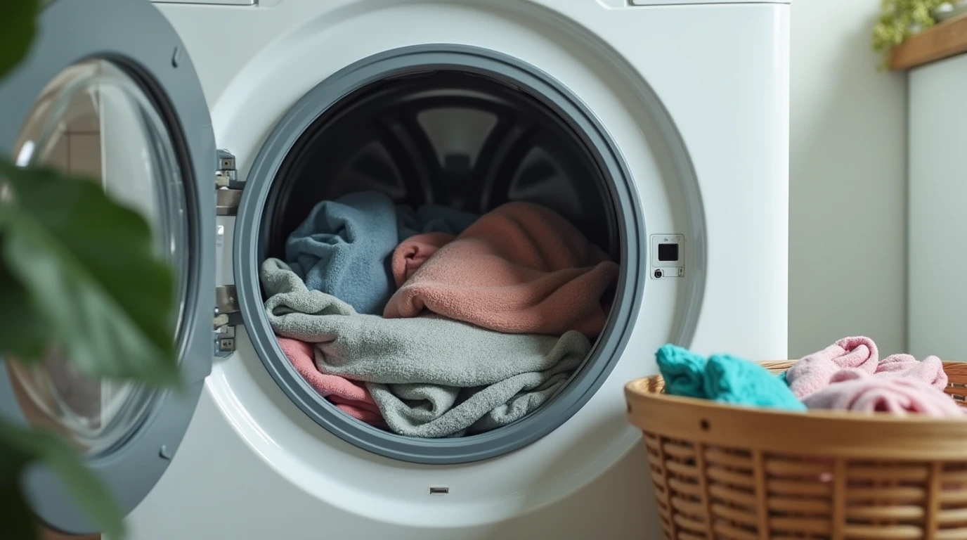 چند لباس رنگی در یک ماشین لباسشویی - علت لرزش ماشین لباسشویی