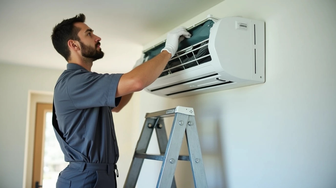 مردی در حال سرویس کولرگازی