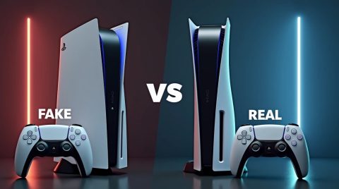 یک PS5 تقلبی و یک PS5 اصلی و علامت VS بین این دو