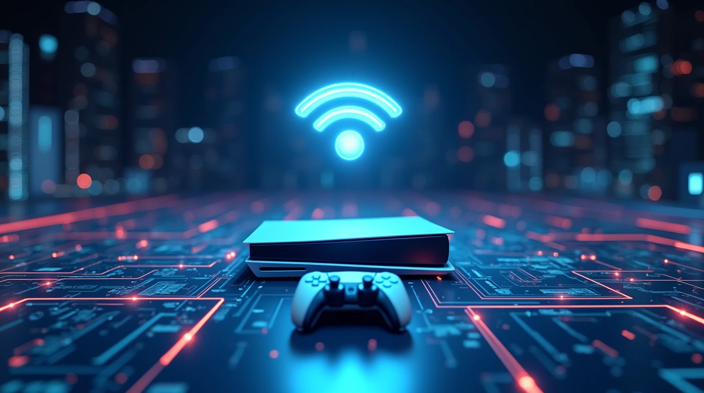 یک کنسول بازی PS5 به همراه دسته که علامت وای فای بالای آن ها است. نشان دهنده افزایش سرعت دانلود PS5