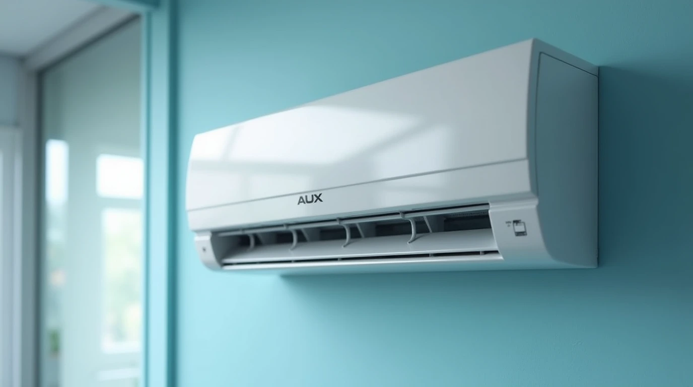 یک کولر گازی آکس روی یک دیوار آبی