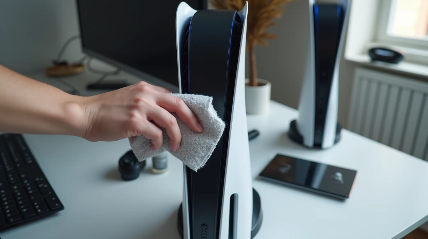 زنی در حال تمیز کردن کنسول بازی ps5