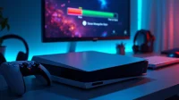 تصویر یک PS5 روی میز گیمینگ