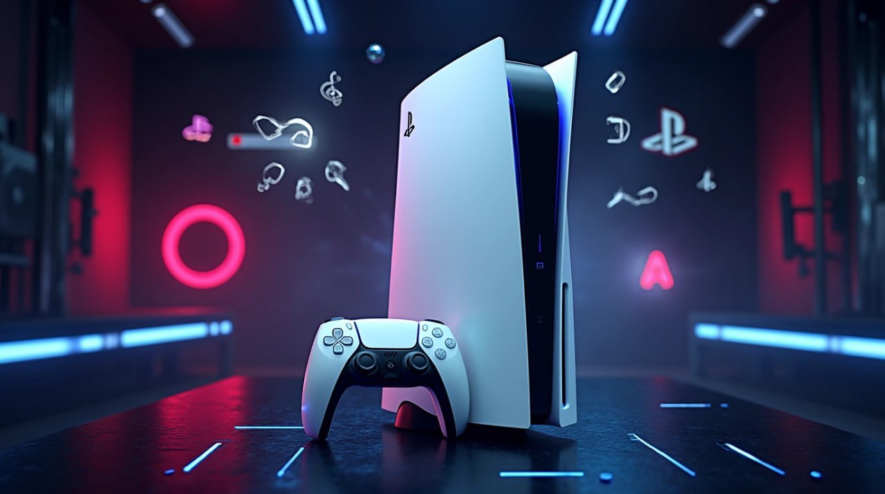 تصویری از یک PS5 و دسته آن در یک فضای جذاب