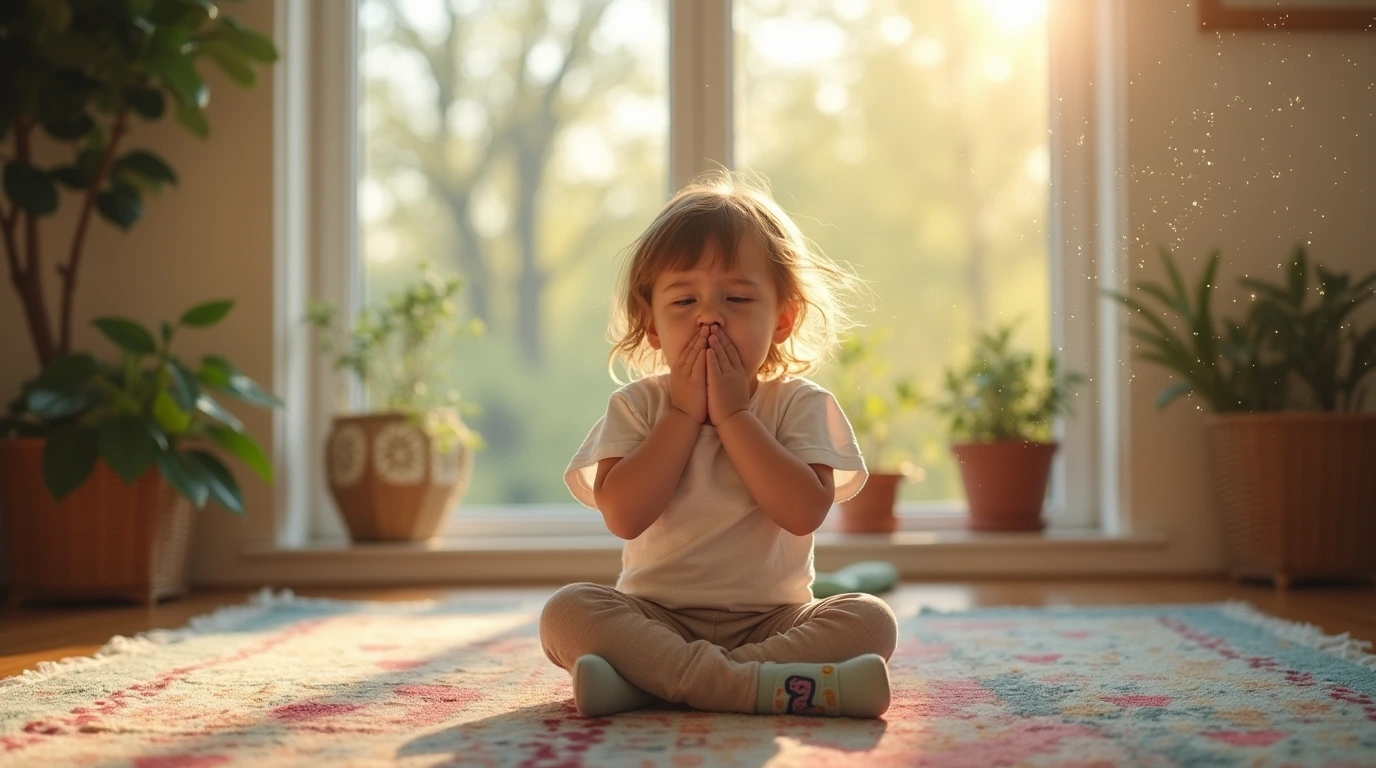 کودکی نشسته بر زمین و در حال عطسه کردن 