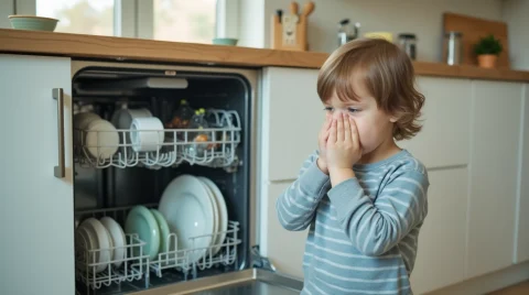 بچه ای که از بوی بد ماشین ظرفشویی ناراحت است