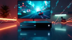 تصویر یک Xbox One روی میز و تلویزیون که یک بازی را نشان میدهد