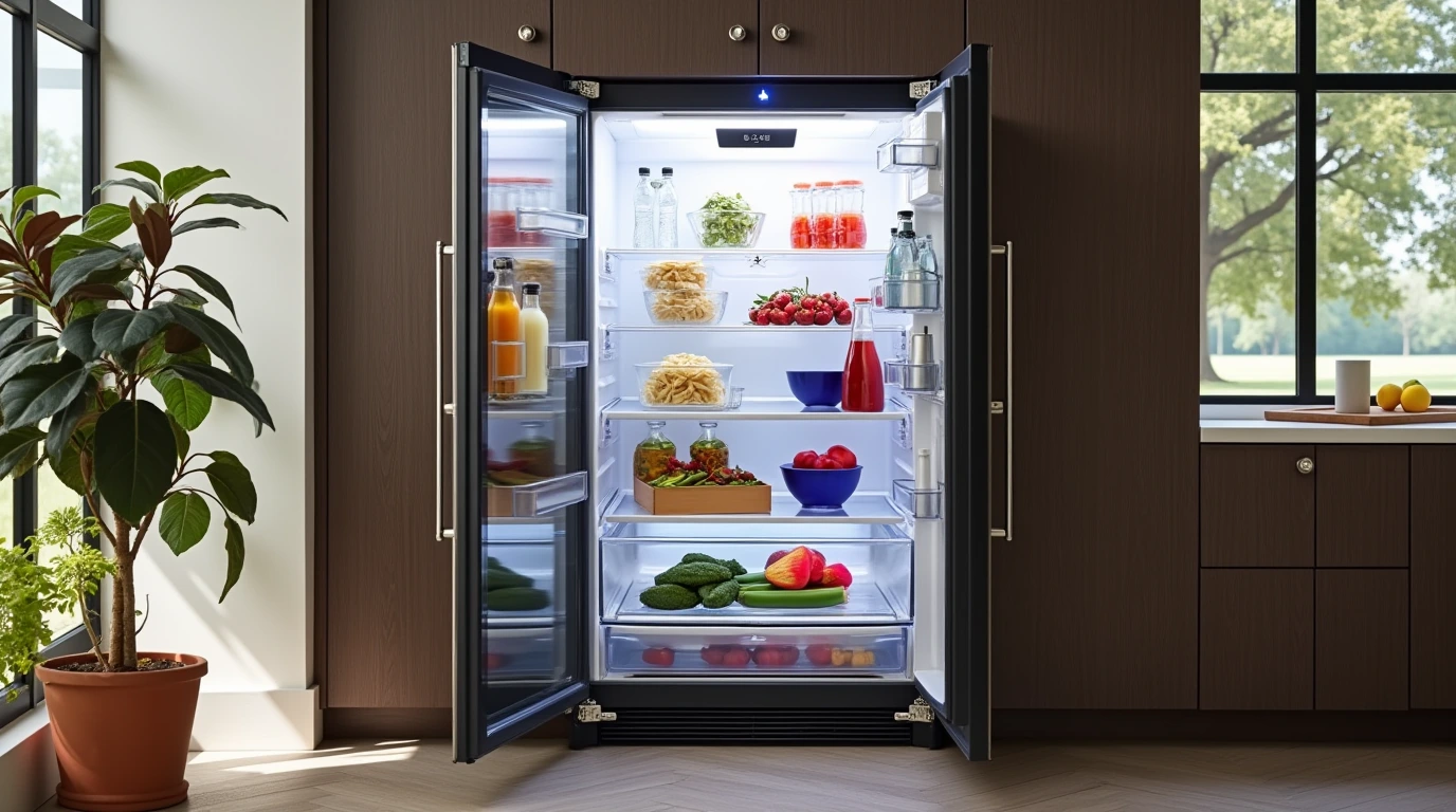 یک یخچال توکار در یک اشپزخانه مدرن با کابین های چوبی