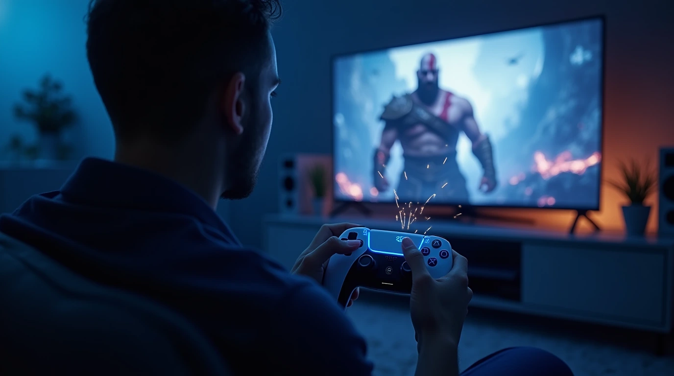 یک فرد در حال بازی گاد اف وار با PS5 