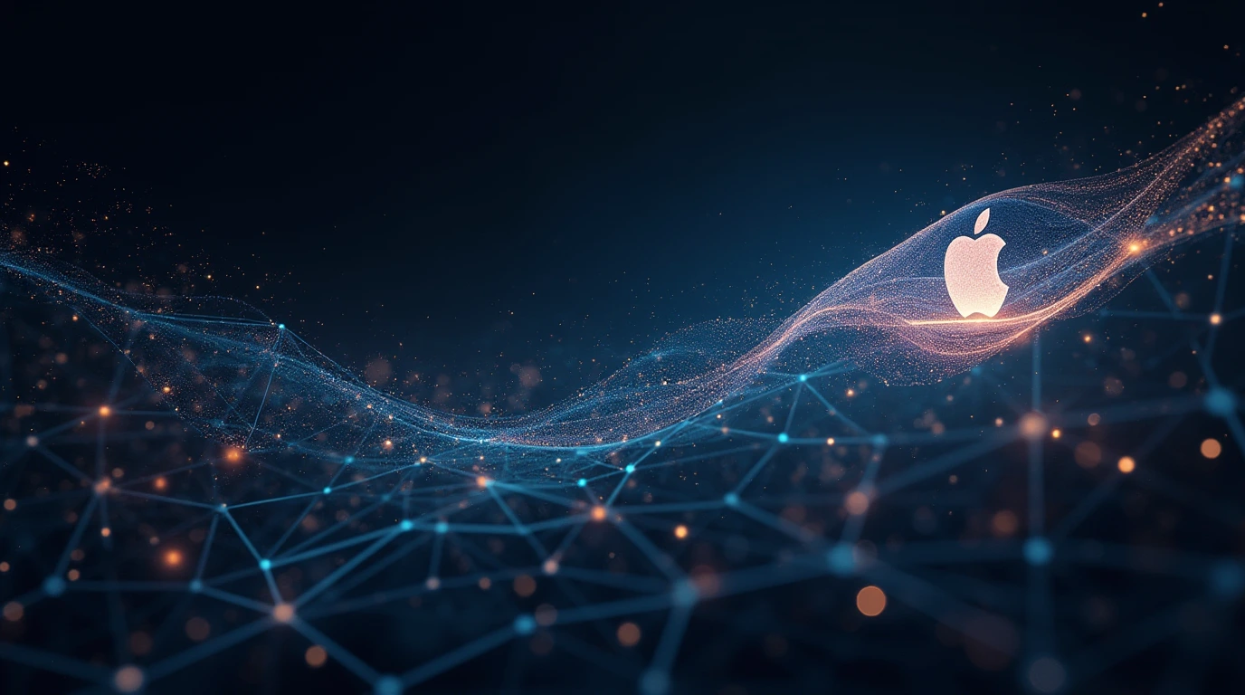 یک تصویر سورئال با تم سیاه و سرمه و کهکشانی که لوگوی اپل در آن مشخص است