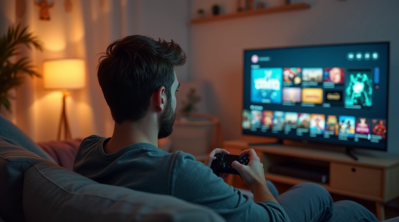 یک مرد در حال مرور کردن بازی های اشتراکی 