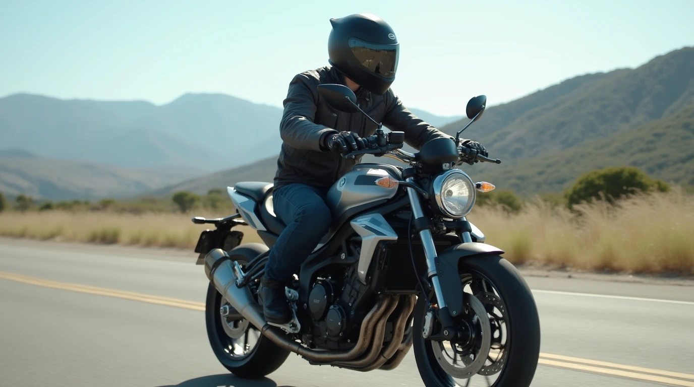 تصویری از یک موتور سوار که از کلاه ایمنی و تجهیزات ایمنی استفاده کرده